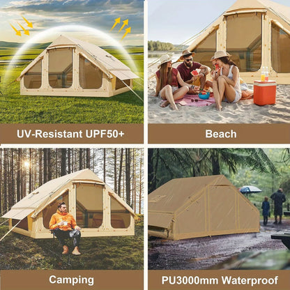 Inflatable tent camping for 1-6 people, hand pump inflation large tent, with skylight and chimney waterproof oxford cloth all
