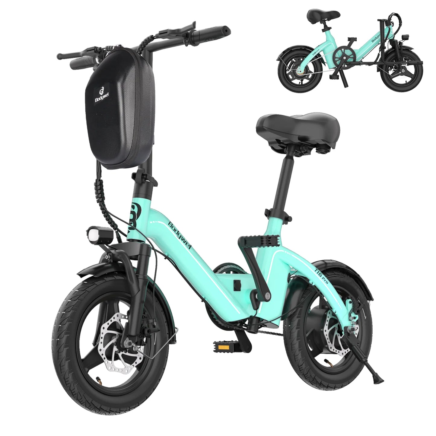 14" Foldable Electric bicycle for Adult, Peak 500W Motor with 36V 10.4Ah Removable Battery EBike Dual Disc Brake Bodywel T16pro