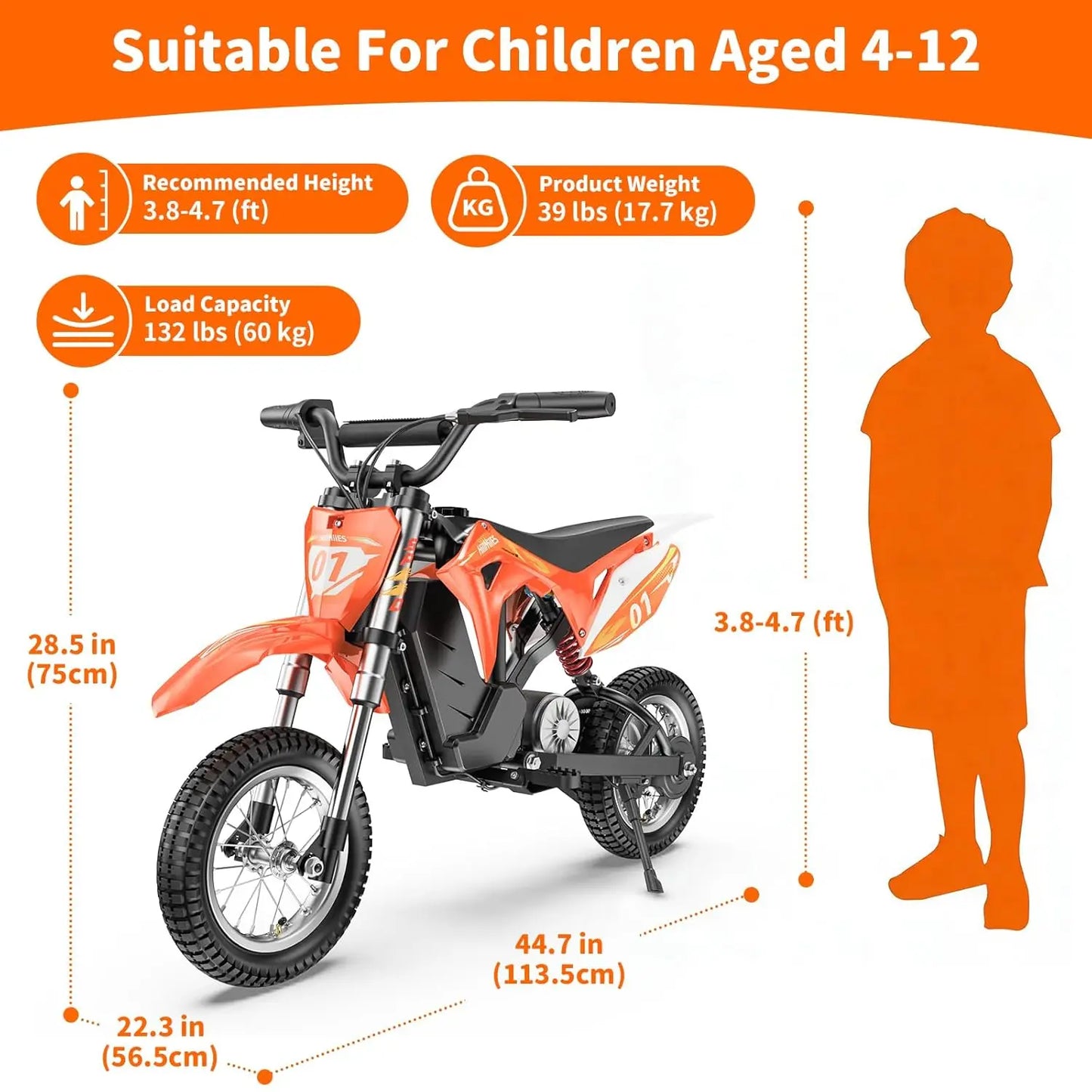 36V 300W Kids Electric Dirt Bike,Electric Motorcycle with 3 Speed of 5/7.5/15.5MPH & up to 12.4 Miles, Customized