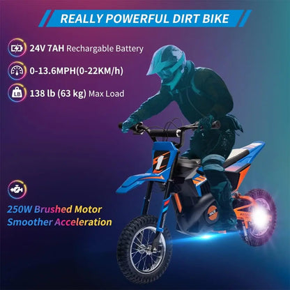 24V 250w Electric Dirt Bike for Kids 8-14,Up to 13.6MPH(22Km/h) Off-Road Motor Electric Motorcycle with Spring Suspension