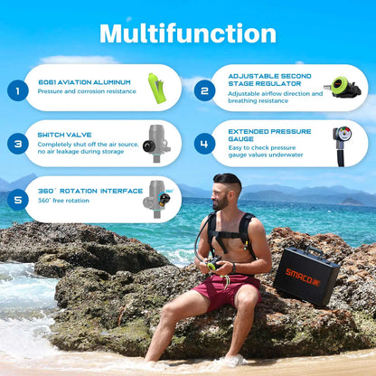 SMACO S700 Mini Scuba Tank 1.9L Portable Scuba Diving Tank Reusable Pony Bottle up to 30 Minutes Dive Time Backup Snorkel Air