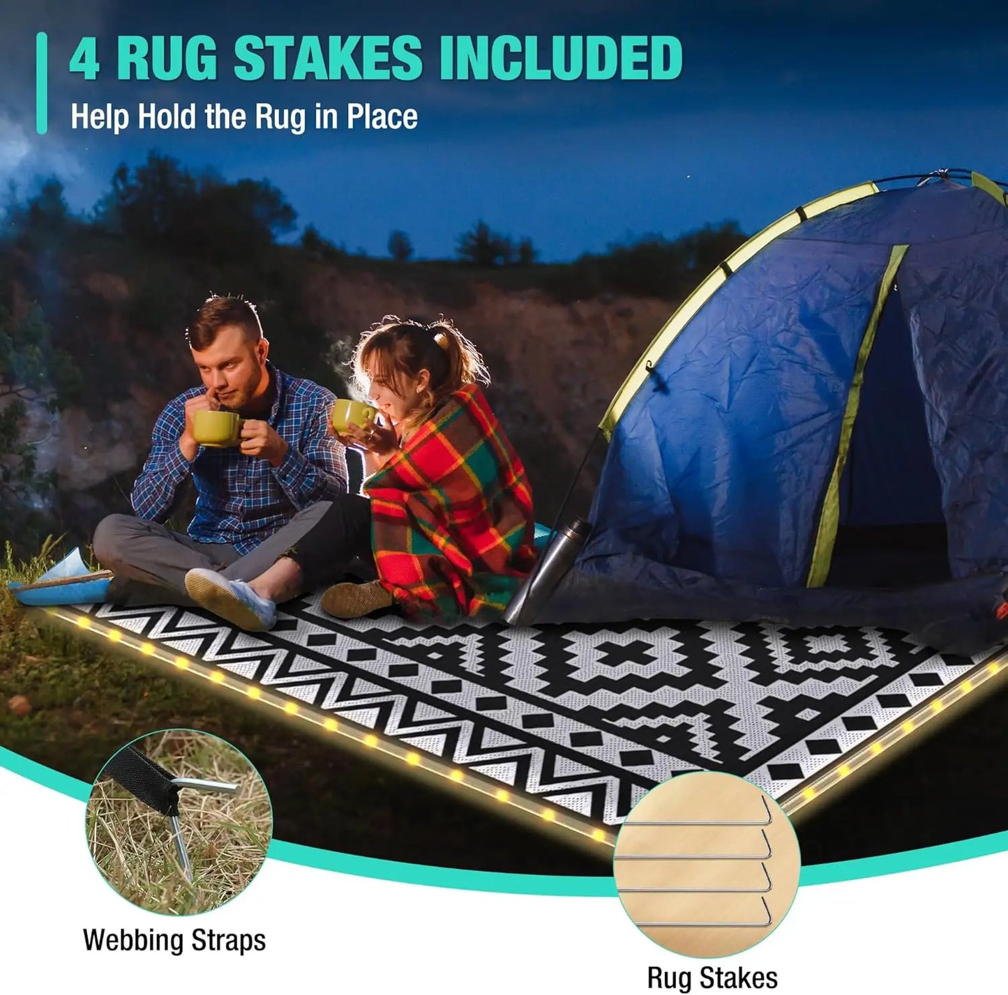 5'X8' Waterproof Outdoor Rug with LED Lights, Reversible Plastic Straw Mat for Patio, RV, Camping & Beach