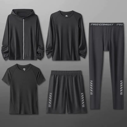 Quick Drying Sports Suits Four Piece Set for Men's Breathable Gym 5 PCS Clothes Tight Fitting Equipment Morning Running Sets