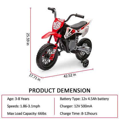 12V Electric Dirt Bike Kids Ride on Motorcycle for Toddlers with Traning Wheels Twist Grip Throttle 3Mph Max Speed and Music