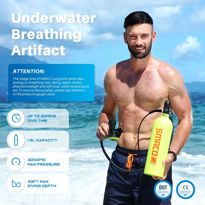 SMACO S700 Mini Scuba Tank 1.9L Portable Scuba Diving Tank Reusable Pony Bottle up to 30 Minutes Dive Time Backup Snorkel Air