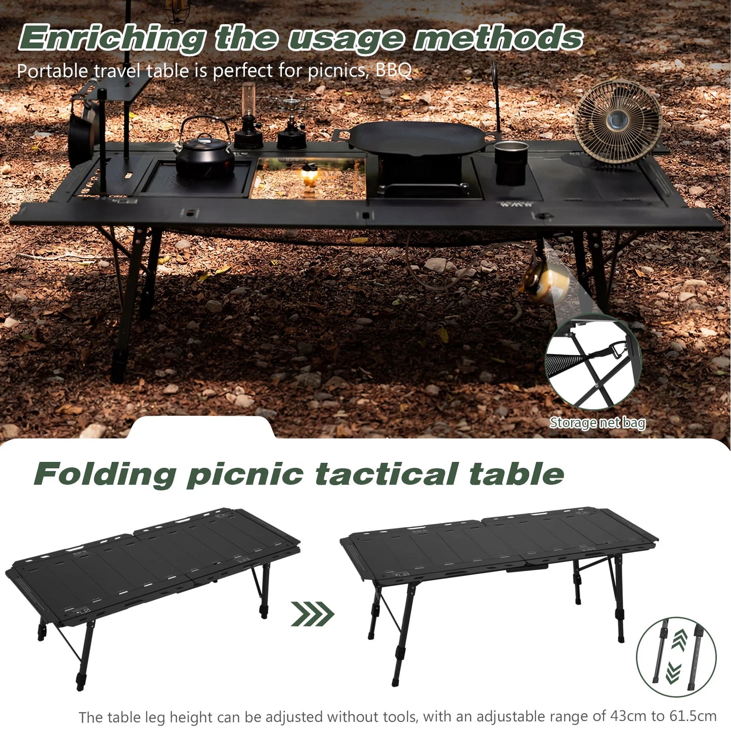 Foldable IGT Camping Table 120KG Load Capacity with Adjustable Height Leg with Carry Bag for Hiking Picnic Fishing Beach