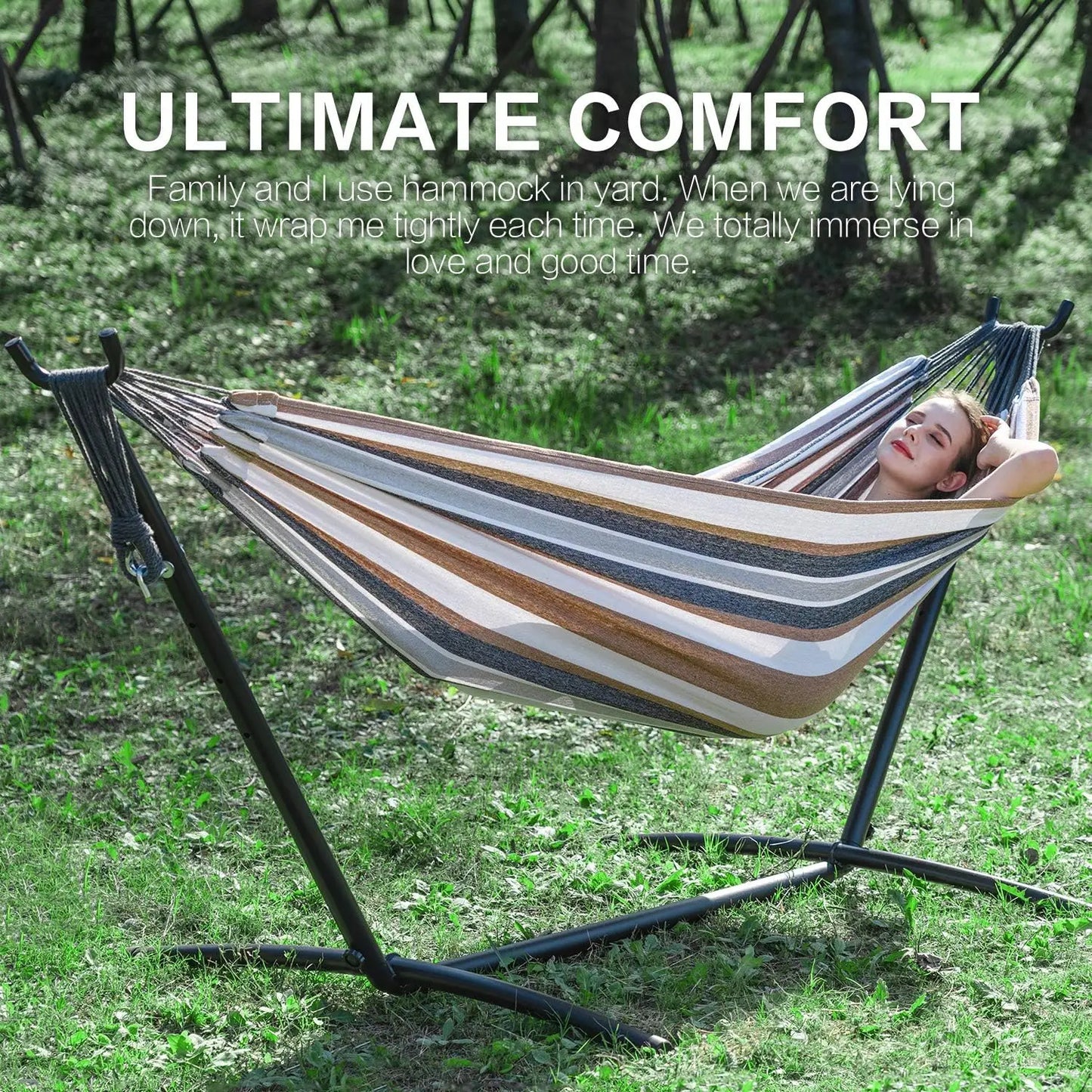Double Hammock with Stand for Indoor Outdoor Use, Portable Steel Frame, Easy Assembly, 2 Person 450 lbs Capacity