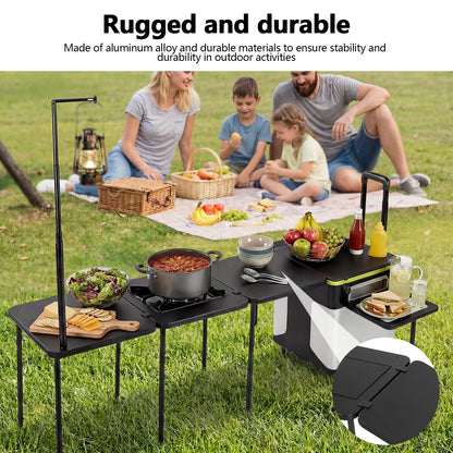 Rolling Master Cook Station with Wheels Folding Overland Camping Kitchen Table with Light Poles for Picnic Beach RV Traveling