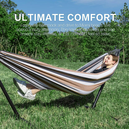 Double Hammock with Stand for Indoor Outdoor Use, Portable Steel Frame, Easy Assembly, 2 Person 450 lbs Capacity