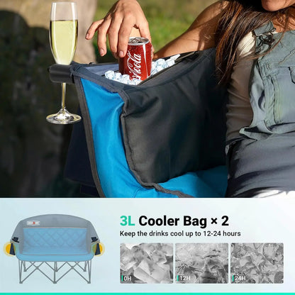 Extra Large Camping Loveseat for Two - Heavy Duty 850LBS Capacity, Padded Folding Chair with Drink Holders & Storage