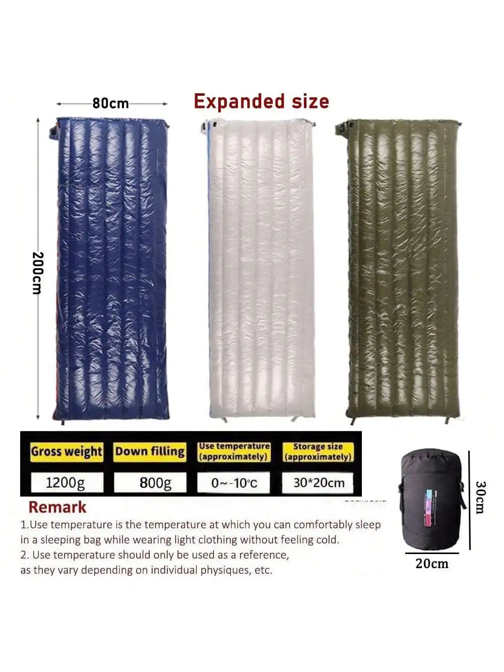 Outdoor camping, down sleeping bag, Ultralight and warm, 95% white goose down 800g filling, envelope type, adult sleeping bag