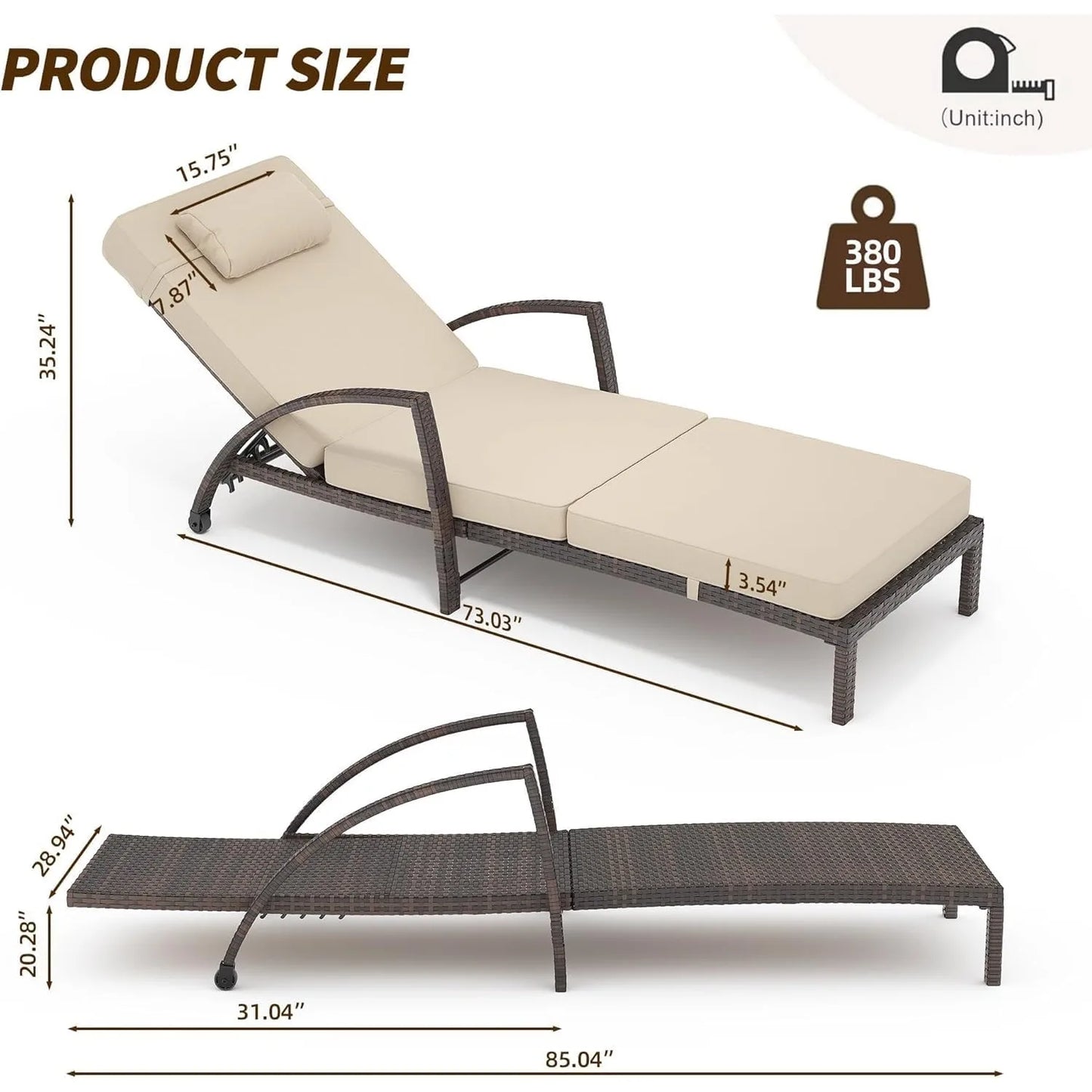 Outdoor Chaise Lounge Chairs Set of 2, 5-Level Adjustable Backrest Patio Chaise Lounge Chairs, Armrest, Cushion, Customized