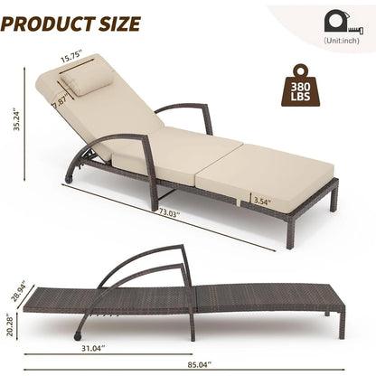 Outdoor Chaise Lounge Chairs Set of 2, 5-Level Adjustable Backrest Patio Chaise Lounge Chairs, Armrest, Cushion, Customized