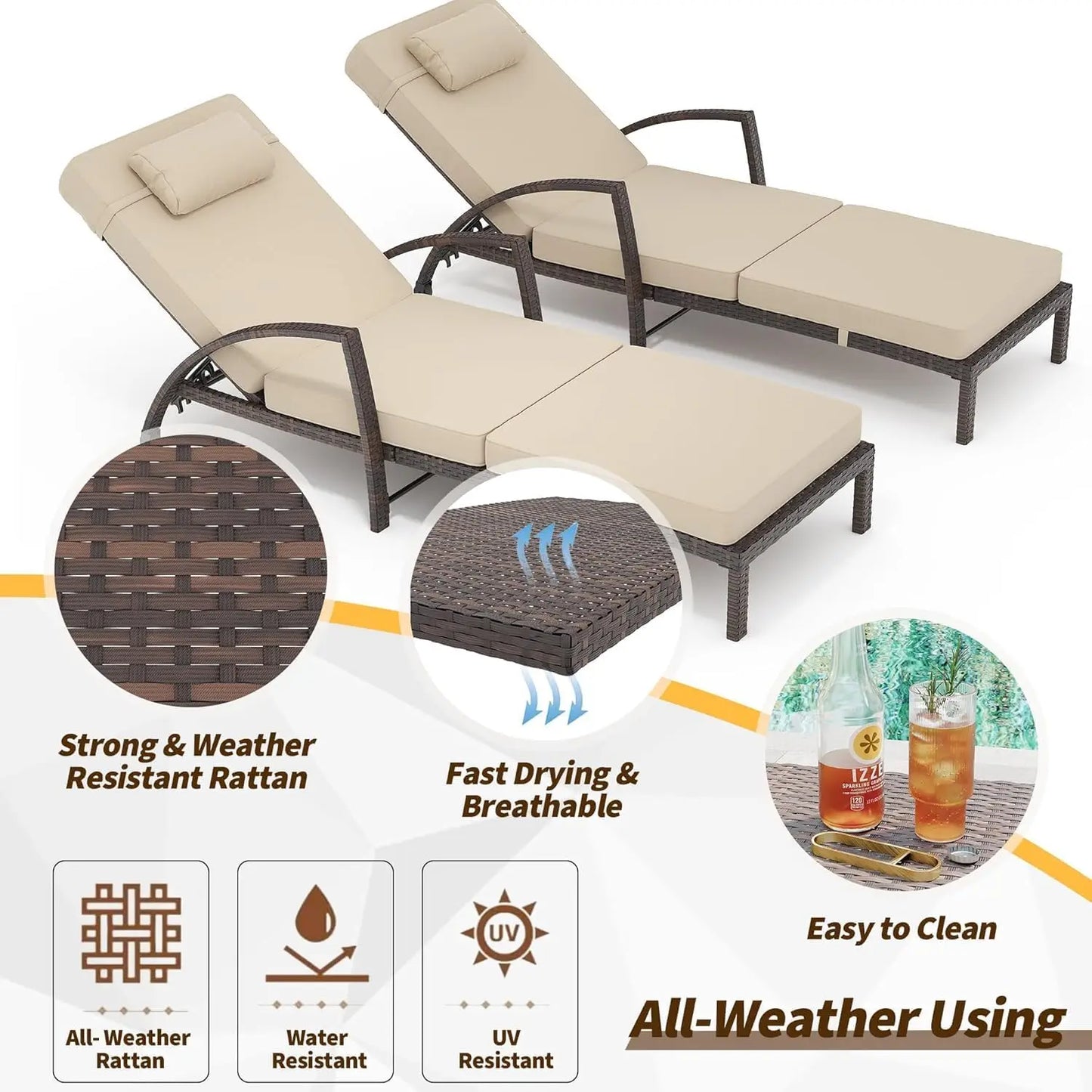 Outdoor Chaise Lounge Chairs Set of 2, 5-Level Adjustable Backrest Patio Chaise Lounge Chairs, Armrest, Cushion, Customized