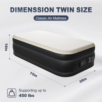 Twin Air Mattress with Built-In Pump, 18in Foam Topper Blow up Mattress, Quick Inflation/Deflation Inflatable Mattress