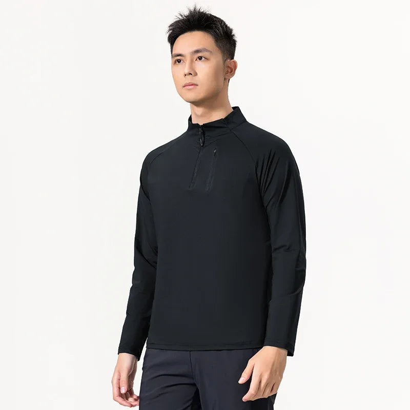 Quick-drying Gym Polo Shirts Men Summer Stand Collar Stretch Long Sleeves Outdoor Lightweight Zipper Pockets Sports Shirts