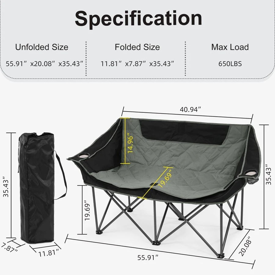 Double Camping Chair, 2 Person Oversized Loveseat for Adults, Portable Heavy Duty Outdoor Folding Chair with Arms, Cup Holder Ca