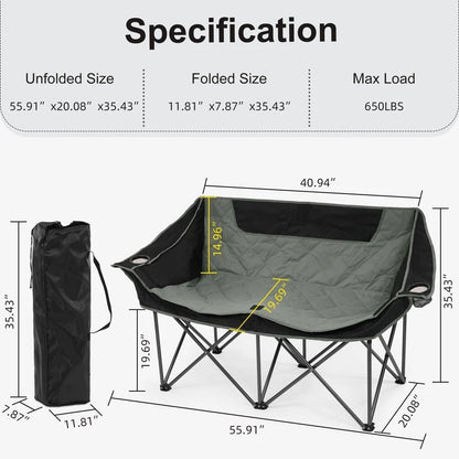 Double Camping Chair, 2 Person Oversized Loveseat for Adults, Portable Heavy Duty Outdoor Folding Chair with Arms, Cup Holder Ca