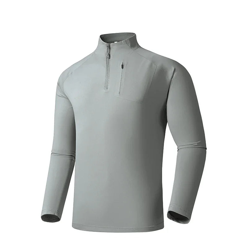 Quick-drying Gym Polo Shirts Men Summer Stand Collar Stretch Long Sleeves Outdoor Lightweight Zipper Pockets Sports Shirts