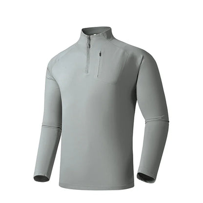 Quick-drying Gym Polo Shirts Men Summer Stand Collar Stretch Long Sleeves Outdoor Lightweight Zipper Pockets Sports Shirts
