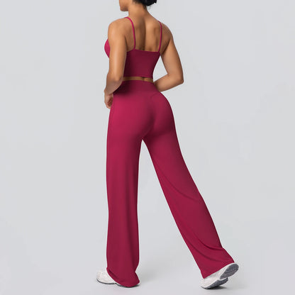 Women Quick Drying Gym Sports Fitness Clothing Yoga Set Backless Sexy Strap Bra with Chest Pad High Waisted Wide Leg Pants Set