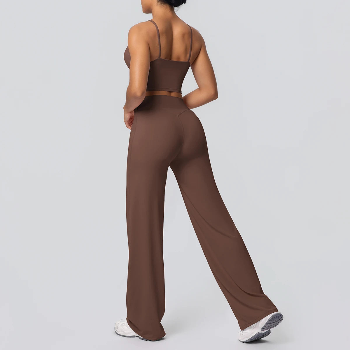Women Quick Drying Gym Sports Fitness Clothing Yoga Set Backless Sexy Strap Bra with Chest Pad High Waisted Wide Leg Pants Set