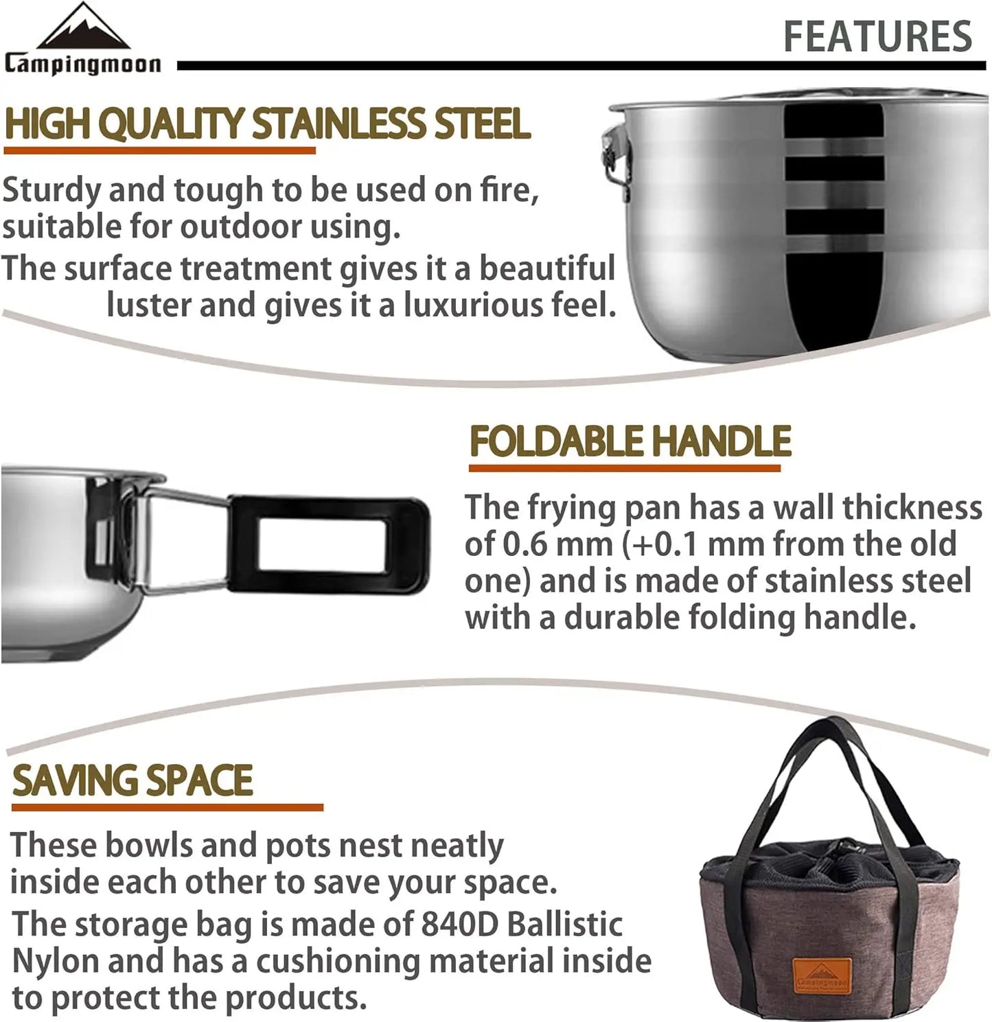 Stainless Steel Camping Cookware Set with Nesting Pots Pans Bowls and Storage Bag for Outdoor Cooking