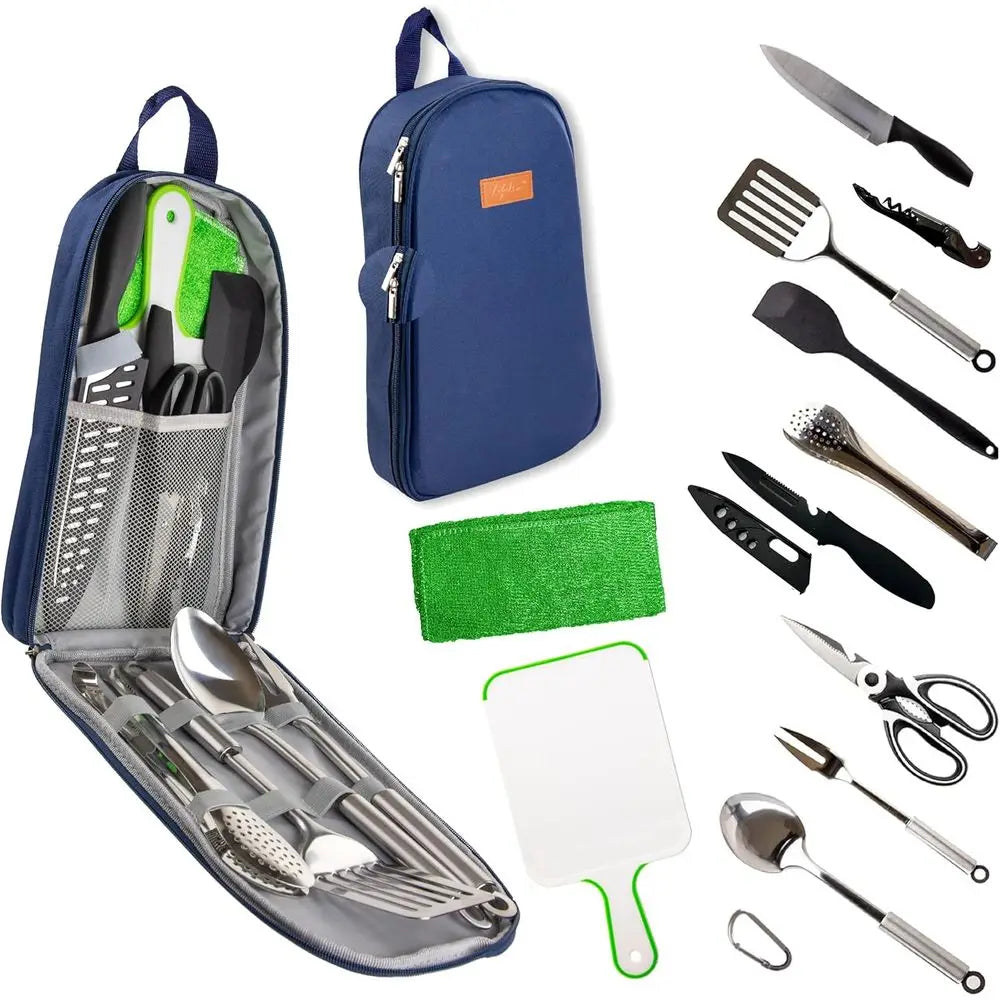 12 Pcs Camp Cooking Utensil Set & Outdoor Kitchen Gear Cookware Kit, Portable Compact Carry Case or Camping, Hiking, Travel, BBQ