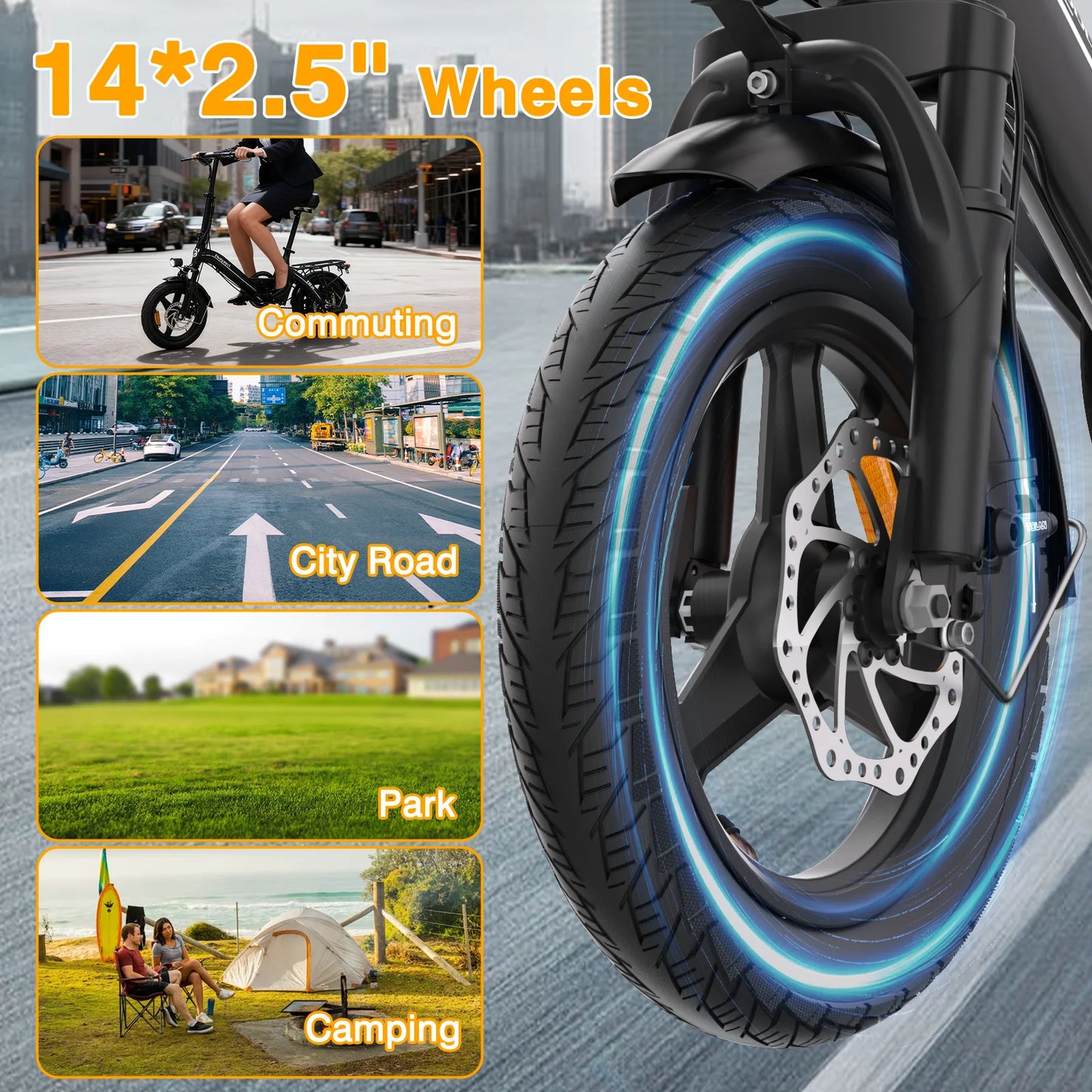 14" Foldable Electric bicycle for Adult, Peak 500W Motor with 36V 10.4Ah Removable Battery EBike Dual Disc Brake Bodywel T16pro