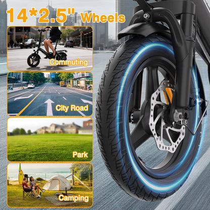 14" Foldable Electric bicycle for Adult, Peak 500W Motor with 36V 10.4Ah Removable Battery EBike Dual Disc Brake Bodywel T16pro