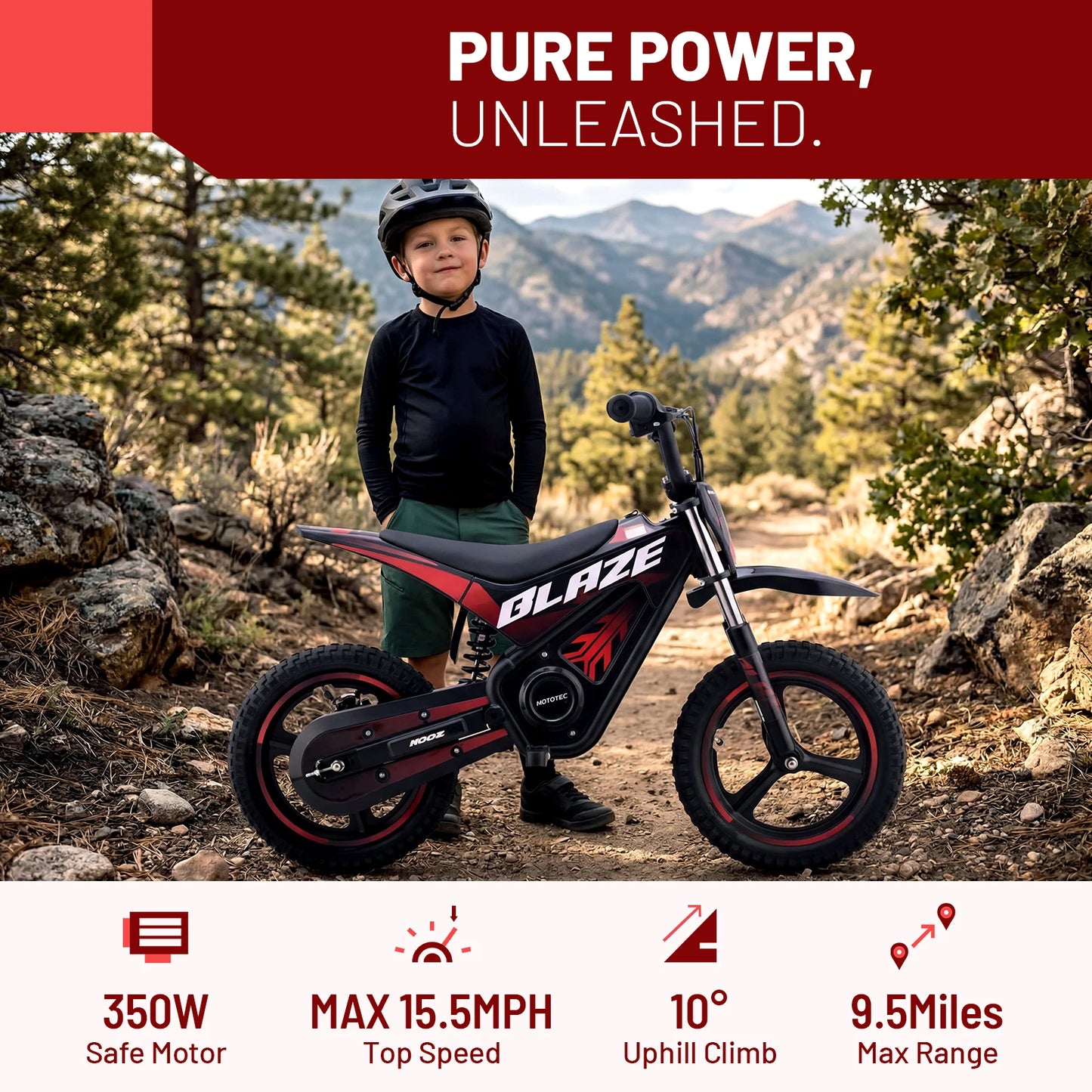 KOOZ HP01E 36V 350W Electric Dirt Bike for Kids, 2 Speed Modes, Electric Motorcycle Up to 15.5 MPH & 9.5 Miles Long-Range.