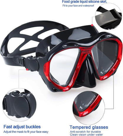 Panoramic HD Snorkel Mask, Anti-Fog Scuba Goggles with Tempered Glass and Nose Cover for Diving and Swimming