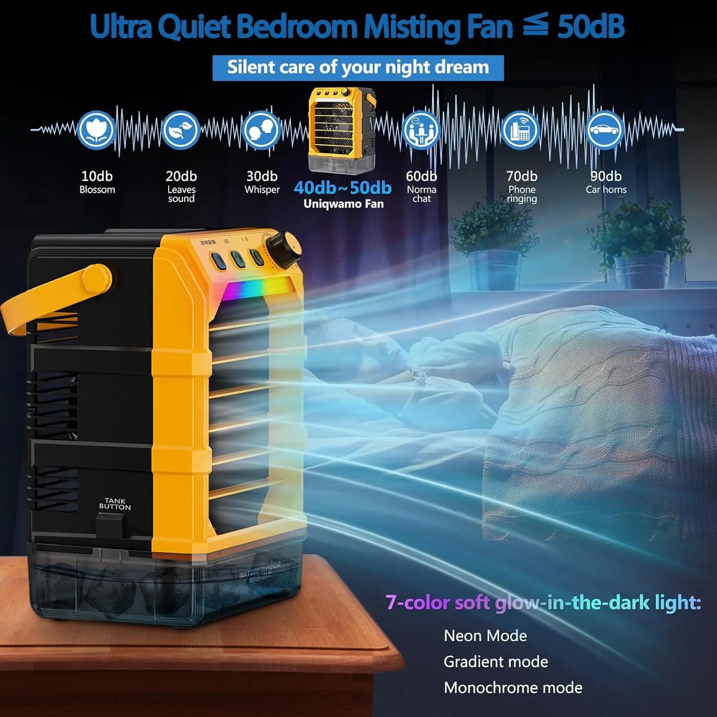 Portable Misting Fan with USB Power, 7 Lights, Timer & Large Water Tank for Camping Office Bedroom Cooling