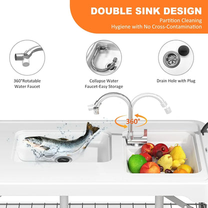 Portable Folding Fish Cleaning Table with Dual Sinks, Faucet, and Storage for Outdoor Camping and Picnics
