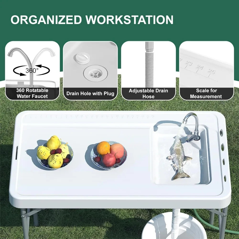 42.5" Fish Cleaning Table with Sink, Folding Camping Table & Fish Cleaning Station with Measure Mark, Camping Sink with Hose Hoo