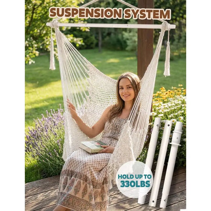 Hammock Chair Super Large SoftSpun Cotton Rope Weaving Hanging Chair, Collapsible Strong Metal Spreader Bar Wide Seat Lace Stret
