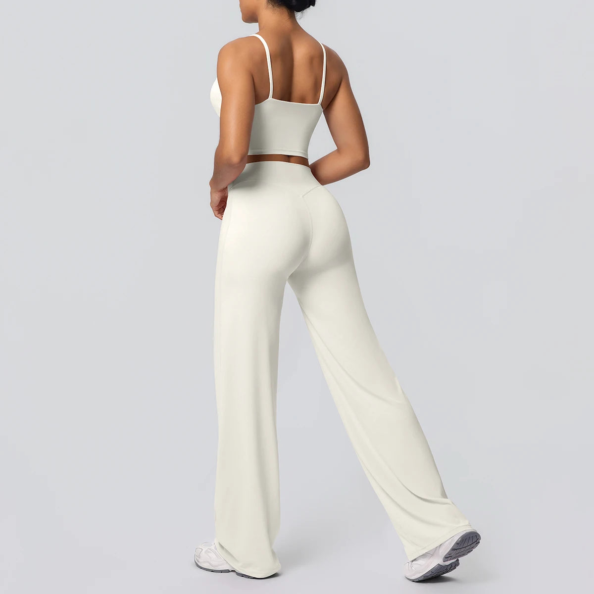 Women Quick Drying Gym Sports Fitness Clothing Yoga Set Backless Sexy Strap Bra with Chest Pad High Waisted Wide Leg Pants Set