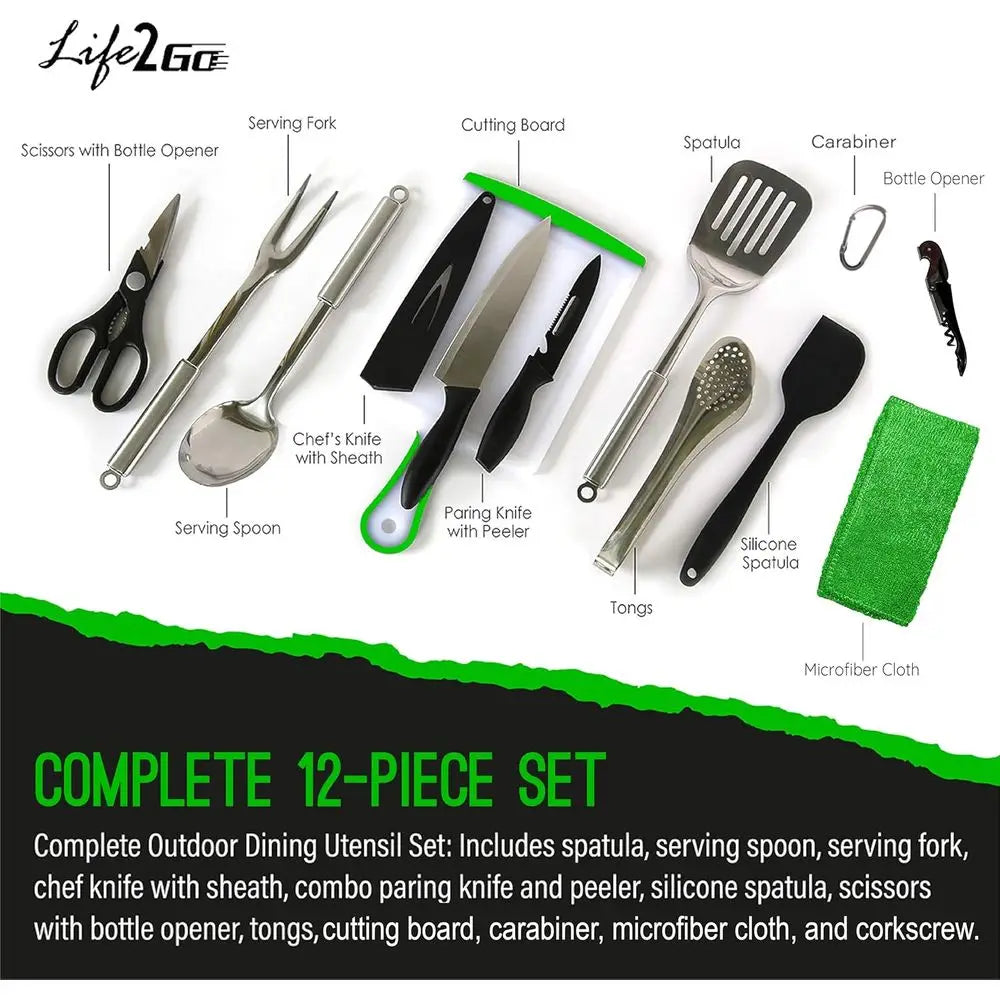 12 Pcs Camp Cooking Utensil Set & Outdoor Kitchen Gear Cookware Kit, Portable Compact Carry Case or Camping, Hiking, Travel, BBQ