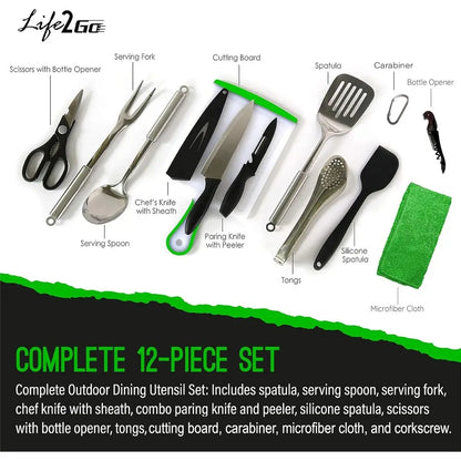 12 Pcs Camp Cooking Utensil Set & Outdoor Kitchen Gear Cookware Kit, Portable Compact Carry Case or Camping, Hiking, Travel, BBQ