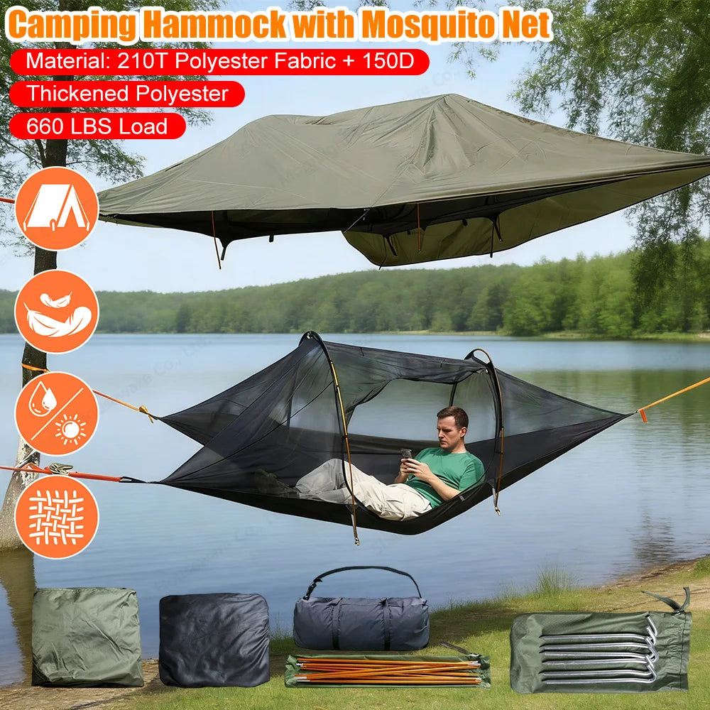 Camping Hammock with Mosquito Net & RainFly 2-Person Tree Tent Hammock 660 LBS Load Capacity for Outdoor Backpacking Hiking