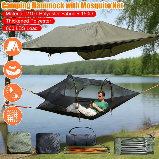Camping Hammock with Mosquito Net & RainFly 2-Person Tree Tent Hammock 660 LBS Load Capacity for Outdoor Backpacking Hiking