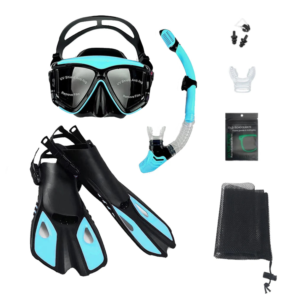 Mask Fins Snorkel Set, Snorkeling Gear for Adults, Panoramic View Snorkel Mask Anti-Fog, Adjustable Dive Flippers, Dry Top Snork