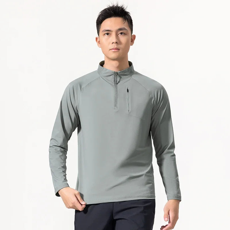 Quick-drying Gym Polo Shirts Men Summer Stand Collar Stretch Long Sleeves Outdoor Lightweight Zipper Pockets Sports Shirts