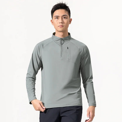 Quick-drying Gym Polo Shirts Men Summer Stand Collar Stretch Long Sleeves Outdoor Lightweight Zipper Pockets Sports Shirts