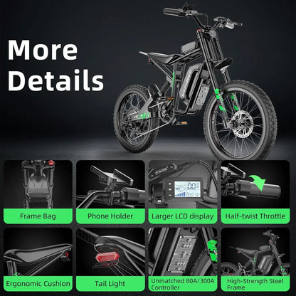 6000W Electric Dirt Bike Max 50 MPH & 50 Miles Long Range Ebike 24.5" Motorcycle Tires 1500Wh Removable Battery E Bike