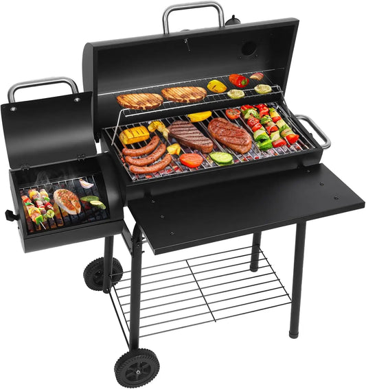 Spacious Barrel Charcoal BBQ Grill with Offset Smoker for Outdoor Backyard Camping and Parties
