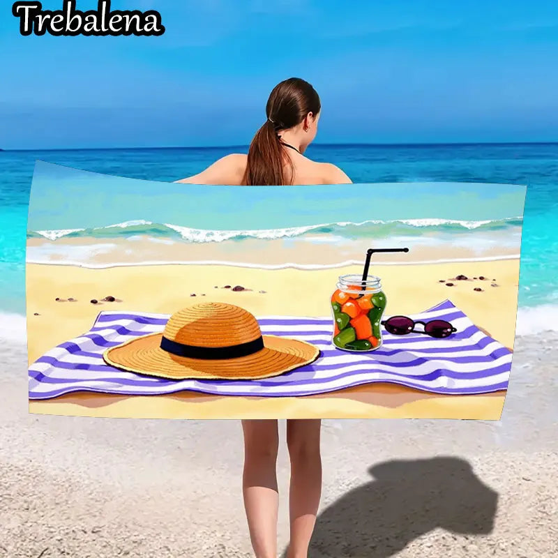 30*60inch Ultra-Soft Beach Towel with Beach Towel with Hat Sunglasses and Juice Print
