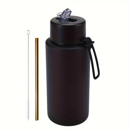 Stainless Steel Insulated Water Bottle, 35oz (1000ml) - Sports Travel Thermal Cup, Hot Cold Drink Flask with Straw Lid, Silicone