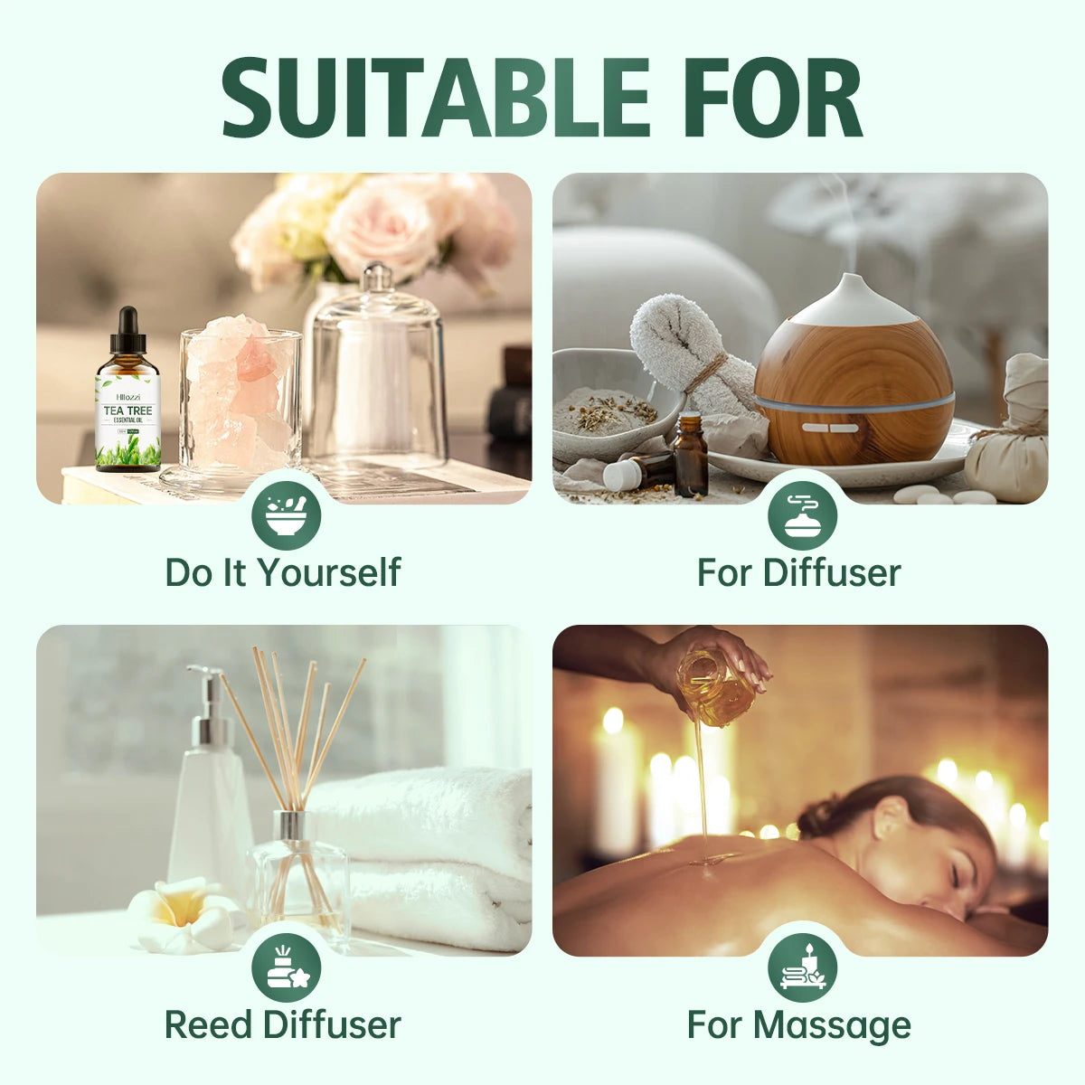 Tea tree essential oil, extracted from natural plants, is suitable for body massage and hair care, nourishing and moisturizing.