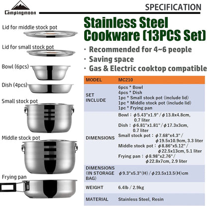 Stainless Steel Camping Cookware Set with Nesting Pots Pans Bowls and Storage Bag for Outdoor Cooking